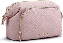 BAGSMART Travel Makeup Bag, Cosmetic Bag Make Up Organizer Case,Large Wide-open Pouch for Women Purse for Toiletries Accessories Brushes Pink