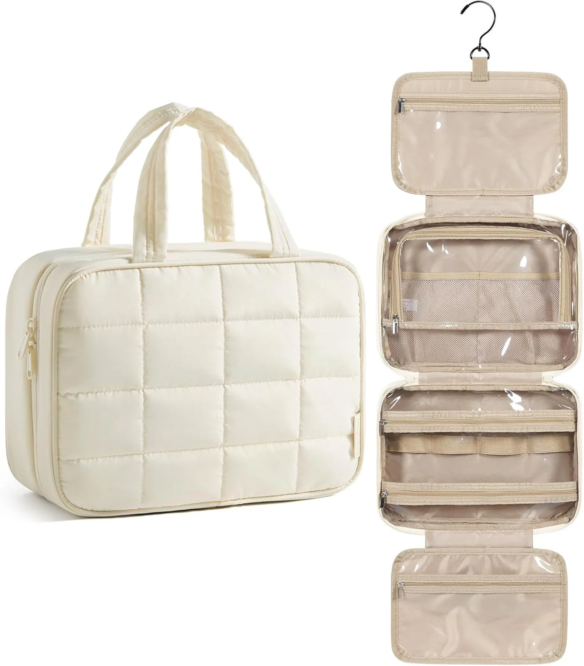 BAGSMART Travel Toiletry Bag for Womne, Hanging Travel Bag for Toiletries, Puffy Makeup Cosmetic Bag Organizer, Carry-on Travel Accessories Essentials, Beige