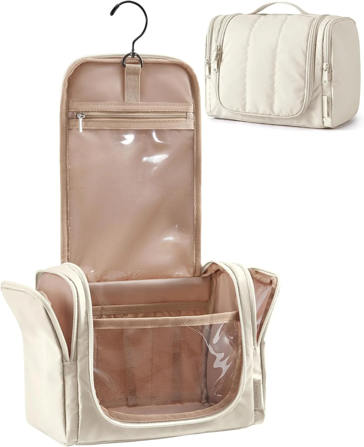 BAGSMART Travel Toiletry Bag for Women, Puffy Hanging Toiletry Bag with Hook, Water-resistant Toiletry Organizer for Full Sized Toiletries (Light Beige)
