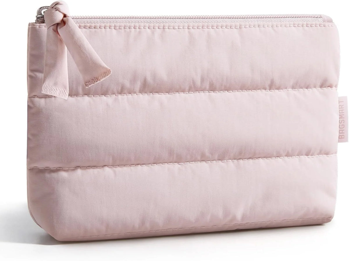 BAGSMART Small Makeup Bag, Machine Washable Puffy Cosmetic Pouch, Pink