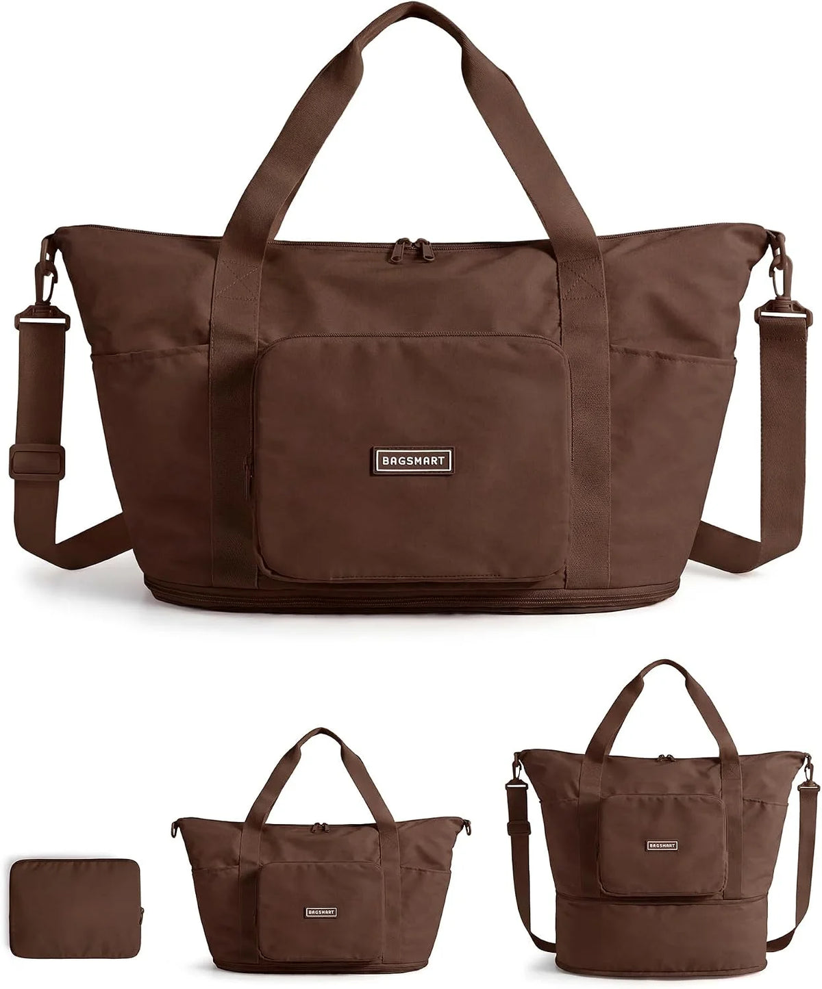 BAGSMART Foldable Travel Bag, 37L Expandable Personal Item Bag, Chocolate