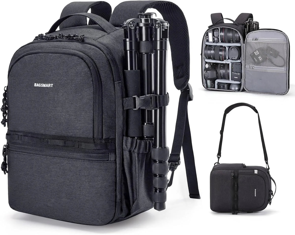 BAGSMART 2 in 1 Small Camera Backpack for DSLR, Fits 12.9" iPad, Black