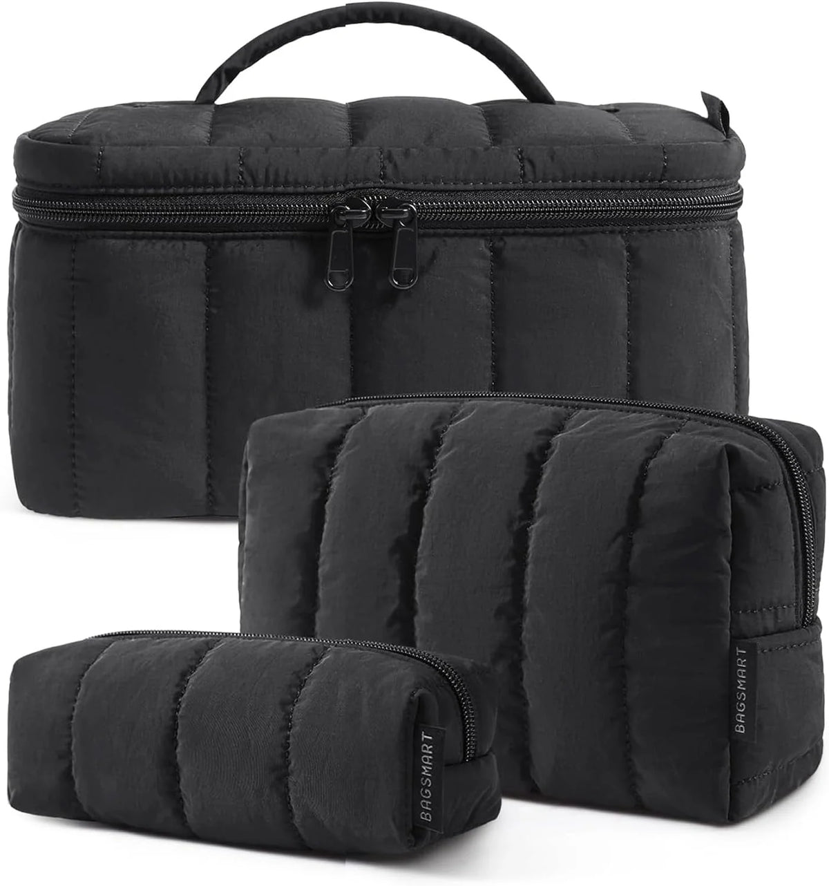 BAGSMART Travel Makeup Bag Set, 3 Pc Puffy Cosmetic Pouch, Black
