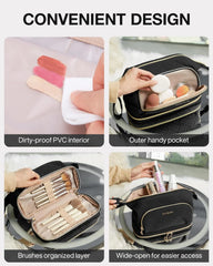 BAGSMART Travel Makeup Bag, Cosmetic Bag Make Up Organizer Case, Large Wide-open Pouch for Women Double Layers Purse for Toiletries Accessories Brushes Black