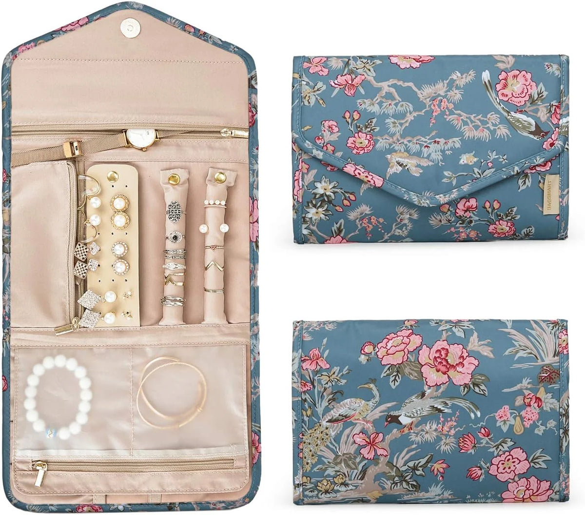 BAGSMART Travel Jewelry Organizer Roll Foldable Jewelry Case,Flower Bird