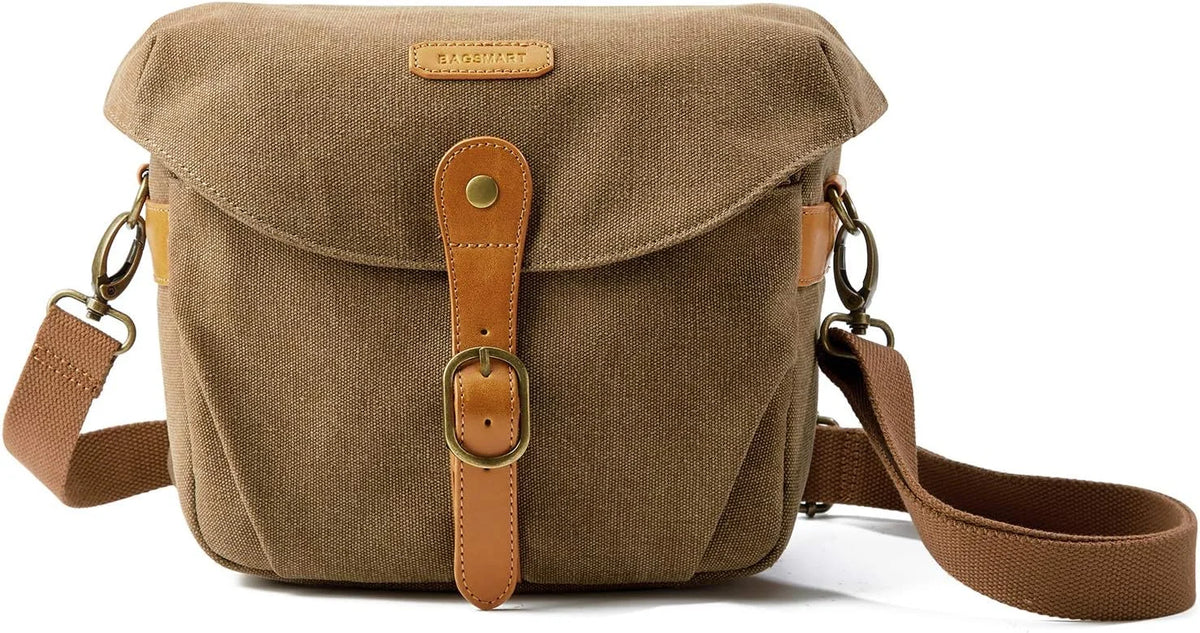 BAGSMART Canvas Crossbody Camera Bag with Rain Cover for Women Men, Khaki