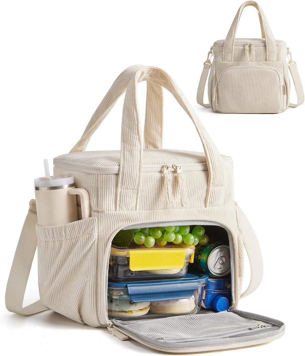 BAGSMART Corduroy Large Lunch Bag Women 14L Double Deck Insulated Lunch Box