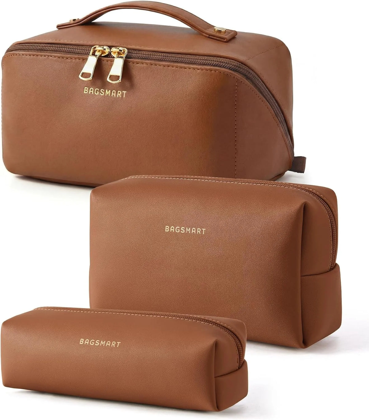 BAGSMART Makeup Bag Travel 3 Pcs Set Cosmetic Bag,Toiletry Bag,Coffee Brown