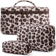 BAGSMART Travel Makeup Bag Set, 3 Pc Puffy Cosmetic Pouch, Leopard Print