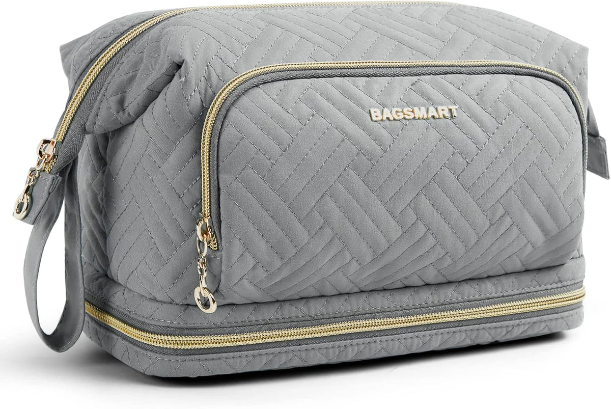 BAGSMART Travel Makeup Bag, Cosmetic Bag Make Up Organizer Case, Large Wide-open Pouch for Women Double Layers Purse for Toiletries Accessories Brushes Greey