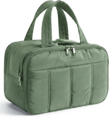 BAGSMART Travel Toiletry Bag, Puffy Large Toiletry Bag for Women, Lightweight Cosmetic Makeup Bag Organizer with Handle for Traveling, Accessories, Essentials, Toiletries (Dark Green)