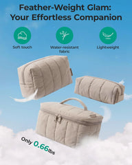 BAGSMART Travel Makeup Bag Set, 3 Pc Puffy Cosmetic Pouch, Khaki Strip