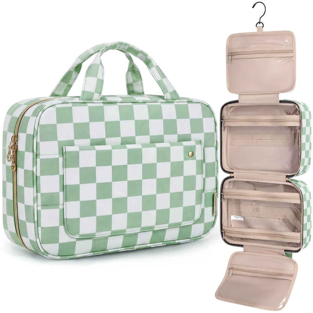 BAGSMART Toiletry Bag Travel Bag with Hanging Hook,Checkered Makeup Cosmetic Bag Travel Organizer for Accessories, Shampoo, Full-size Container, Toiletries (Green Checkerboard, Medium)