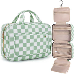 BAGSMART Toiletry Bag Travel Bag with Hanging Hook,Checkered Makeup Cosmetic Bag Travel Organizer for Accessories, Shampoo, Full-size Container, Toiletries (Green Checkerboard, Medium)
