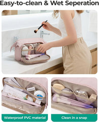 BAGSMART Travel Makeup Bag, Cosmetic Bag Small Make Up Organizer Case,Wide-open Pouch for Women Purse for Toiletries Accessories Brushes,Large Beige