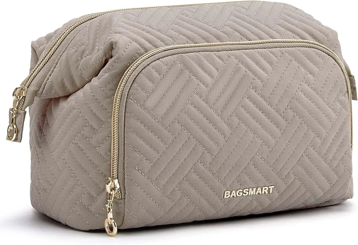 BAGSMART Travel Makeup Bag, Cosmetic Bag Small Make Up Organizer Case,Wide-open Pouch for Women Purse for Toiletries Accessories Brushes,Large Tranquil Gray