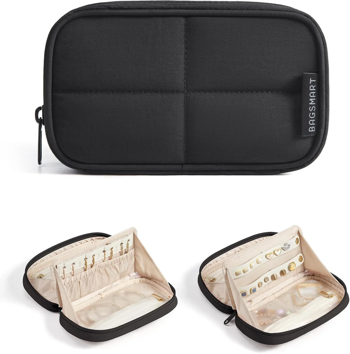 BAGSMART Travel Jewelry Case 180° Flat Open Puffer Dual-Compartment, Black