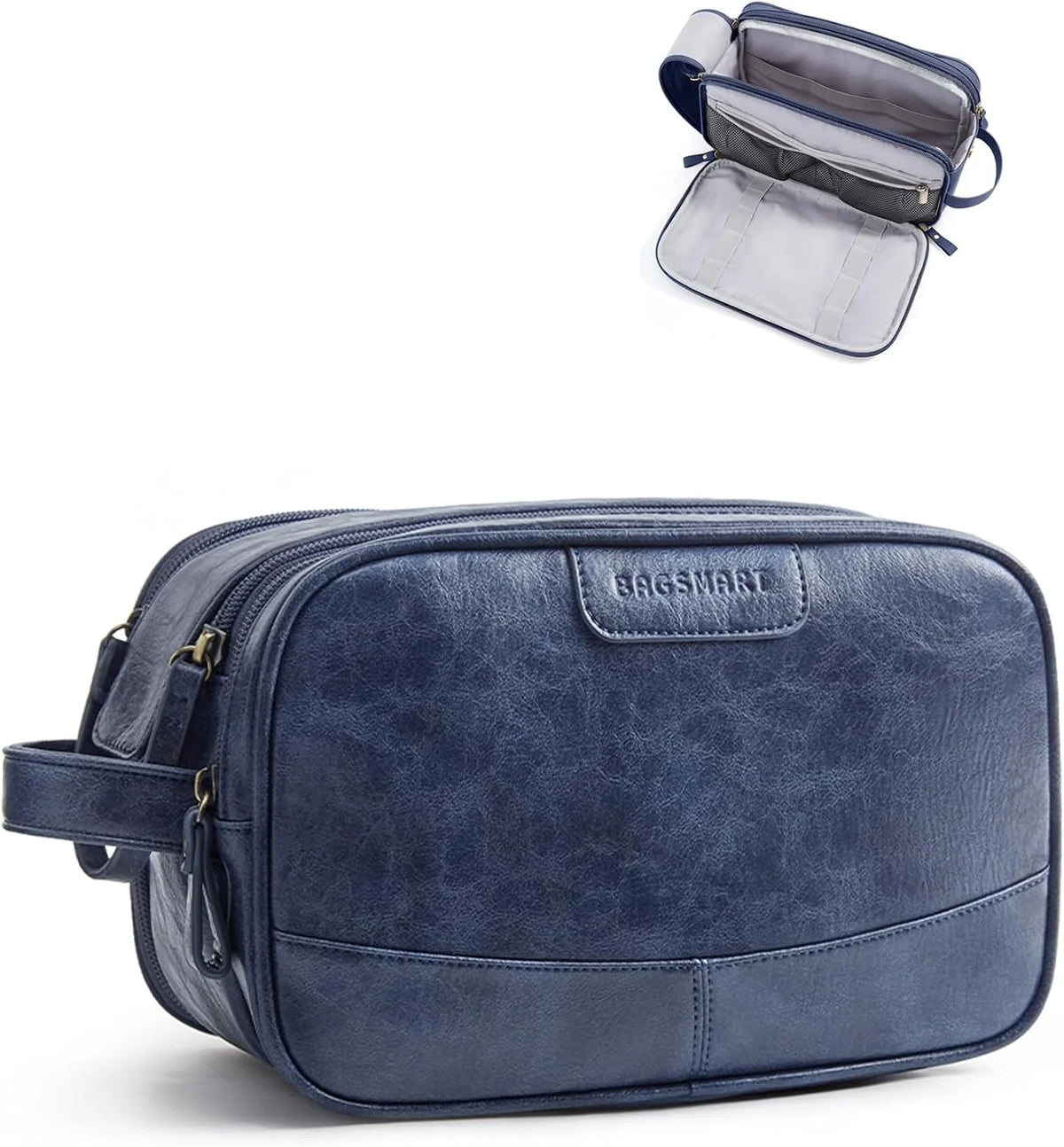 BAGSMART Medium Toiletry Bag for Men, PU Leather Water Resistant, Navy Blue