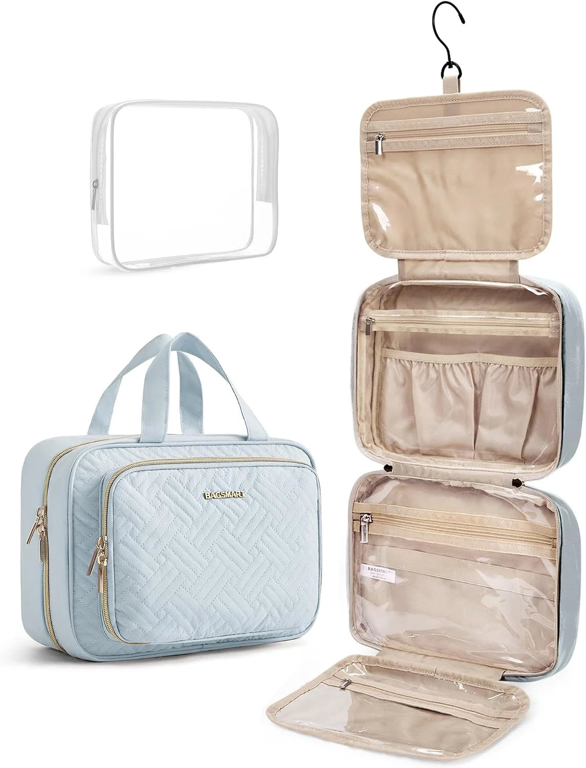 BAGSMART Toiletry Bag Hanging Travel Makeup Organizer with TSA Approved Transparent Cosmetic Bag Makeup Bag for Full Sized Toiletries, Large-Light Blue