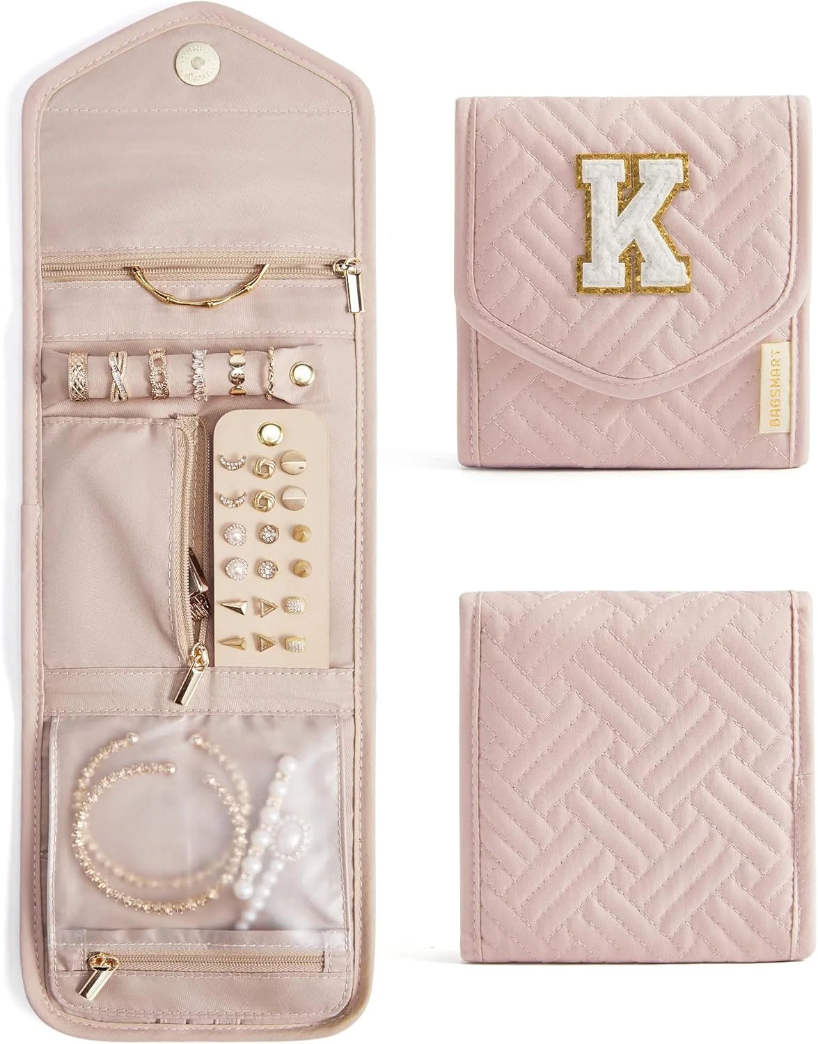 BAGSMART Travel Jewelry Organizer Case K Initial Jewelry Roll,Soft Pink