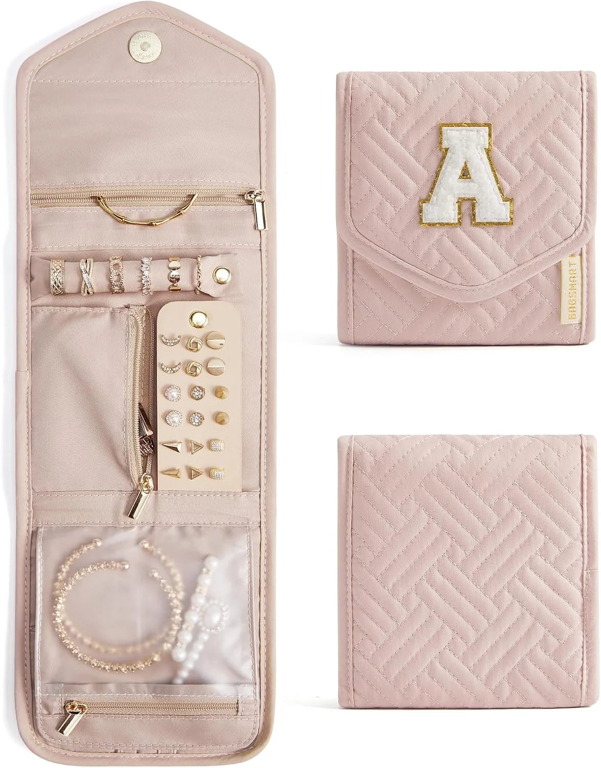 BAGSMART Travel Jewelry Organizer Case A Initial Jewelry Roll,Soft Pink