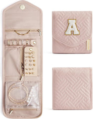 BAGSMART Travel Jewelry Organizer Case A Initial Jewelry Roll,Soft Pink