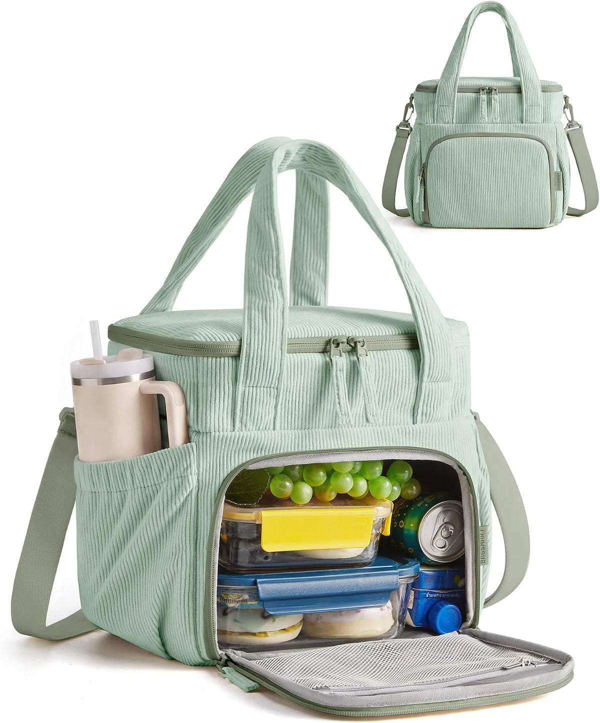 BAGSMART Corduroy Large Lunch Bag Women 14L Double Deck Insulated Lunch Box