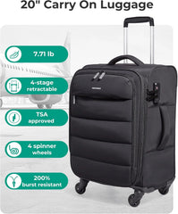 BAGSMART 20 Inch Soft Carry On Suitcase with Wheels, Black