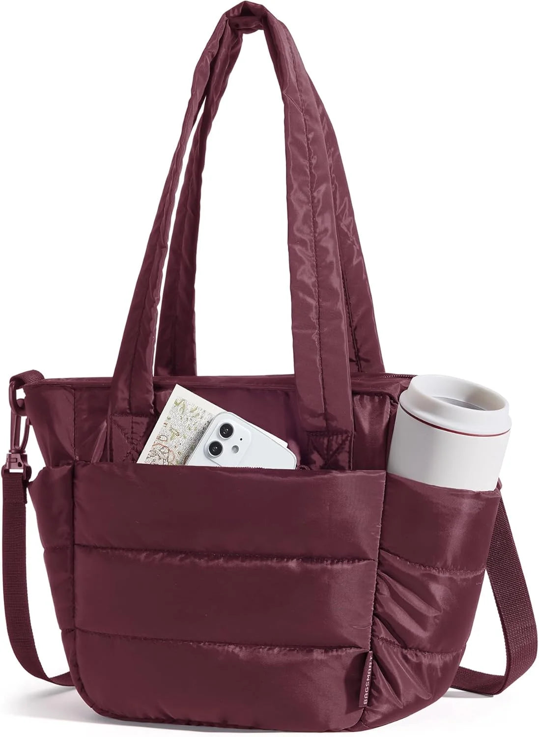 BAGSMART Lunch Bag Women Small Insulated Tote with Lunch Compartment Quilted Lightweight Puffy Tote Bag for Work, Travel, Outdoor, Cherry Red