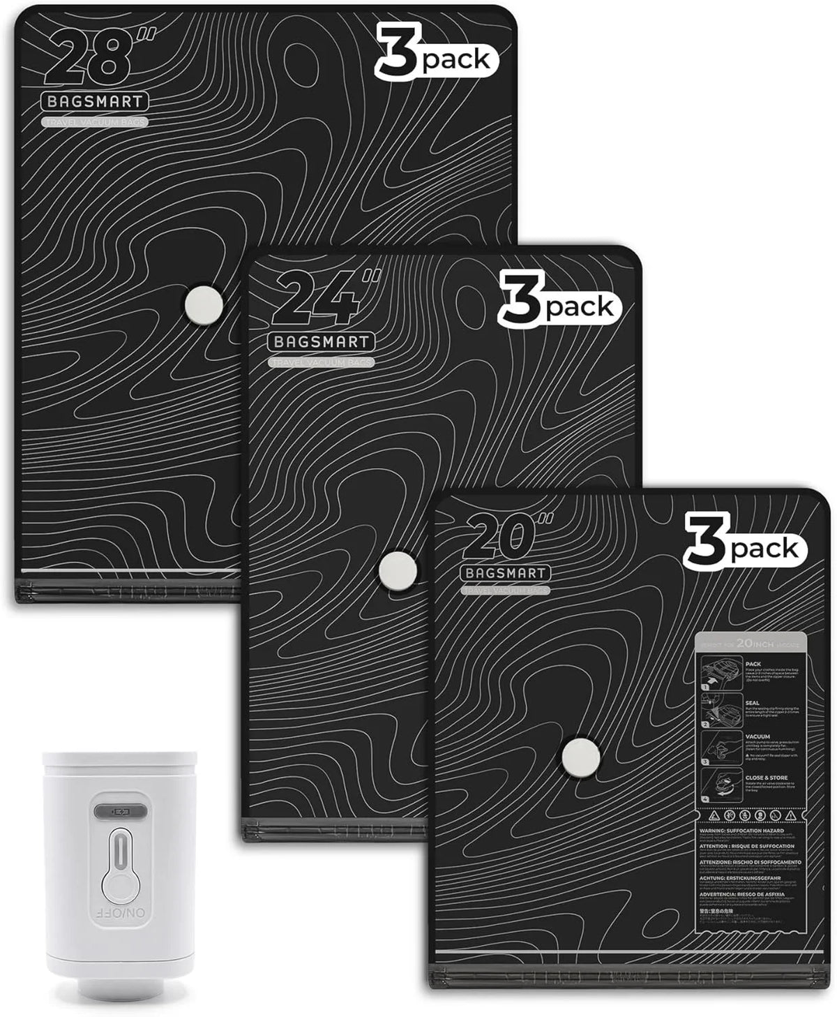 BAGSMART Travel Vacuum Seal Bags with Pump, Jumbo Vacuum Storage Bags for Clothes Blankets Comforters, Space Saver Bags for Travel, Compression Bags for Seasonal Storage-Graphite Ridge