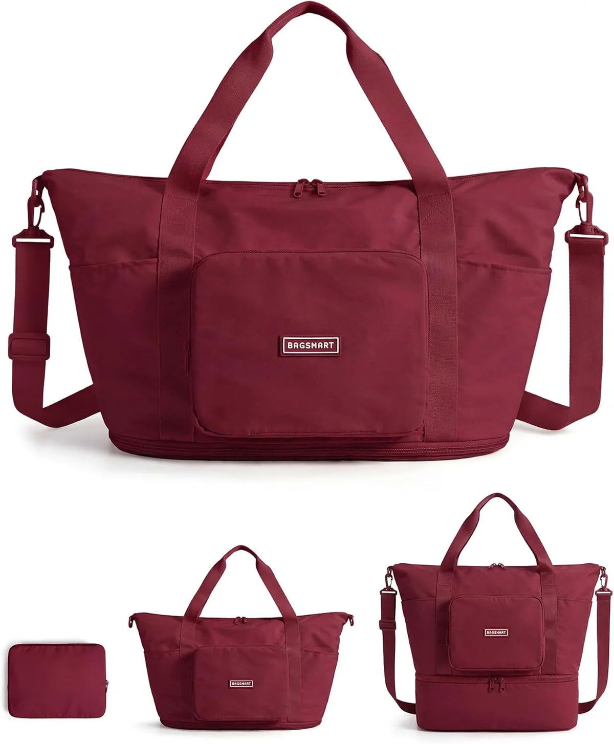BAGSMART Foldable Travel Bag, 37L Expandable Personal Bag, Pomegranate Red