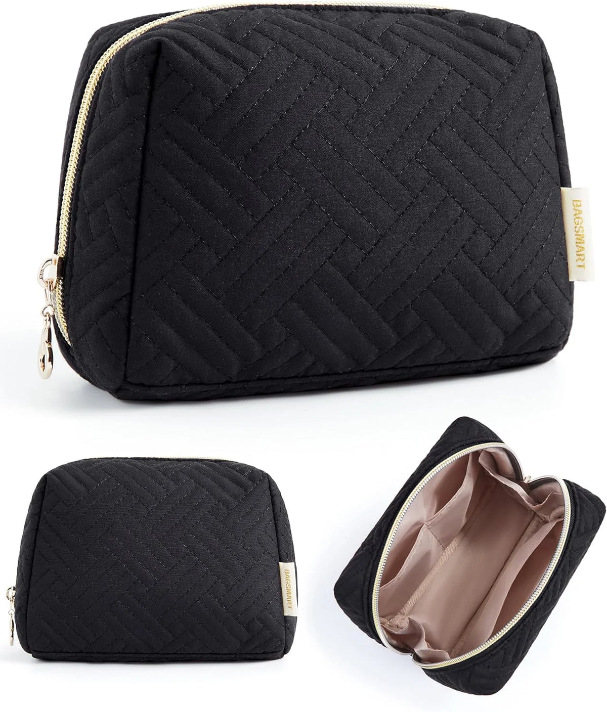 BAGSMART Small Travel Makeup Bag, Zipper Quilted Cosmetic Pouch, Black