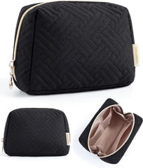 BAGSMART Small Travel Makeup Bag, Zipper Quilted Cosmetic Pouch, Black
