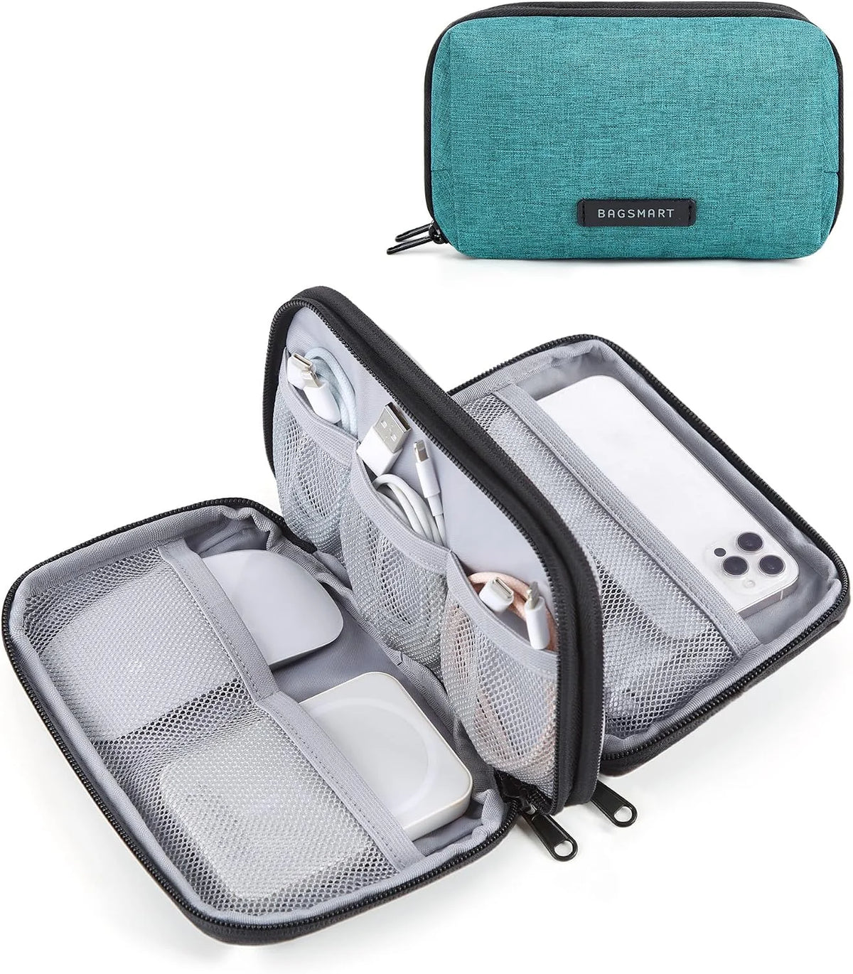 BAGSMART Electronics Travel Organizer for Cords, Zipper Pouch, Bluish Green