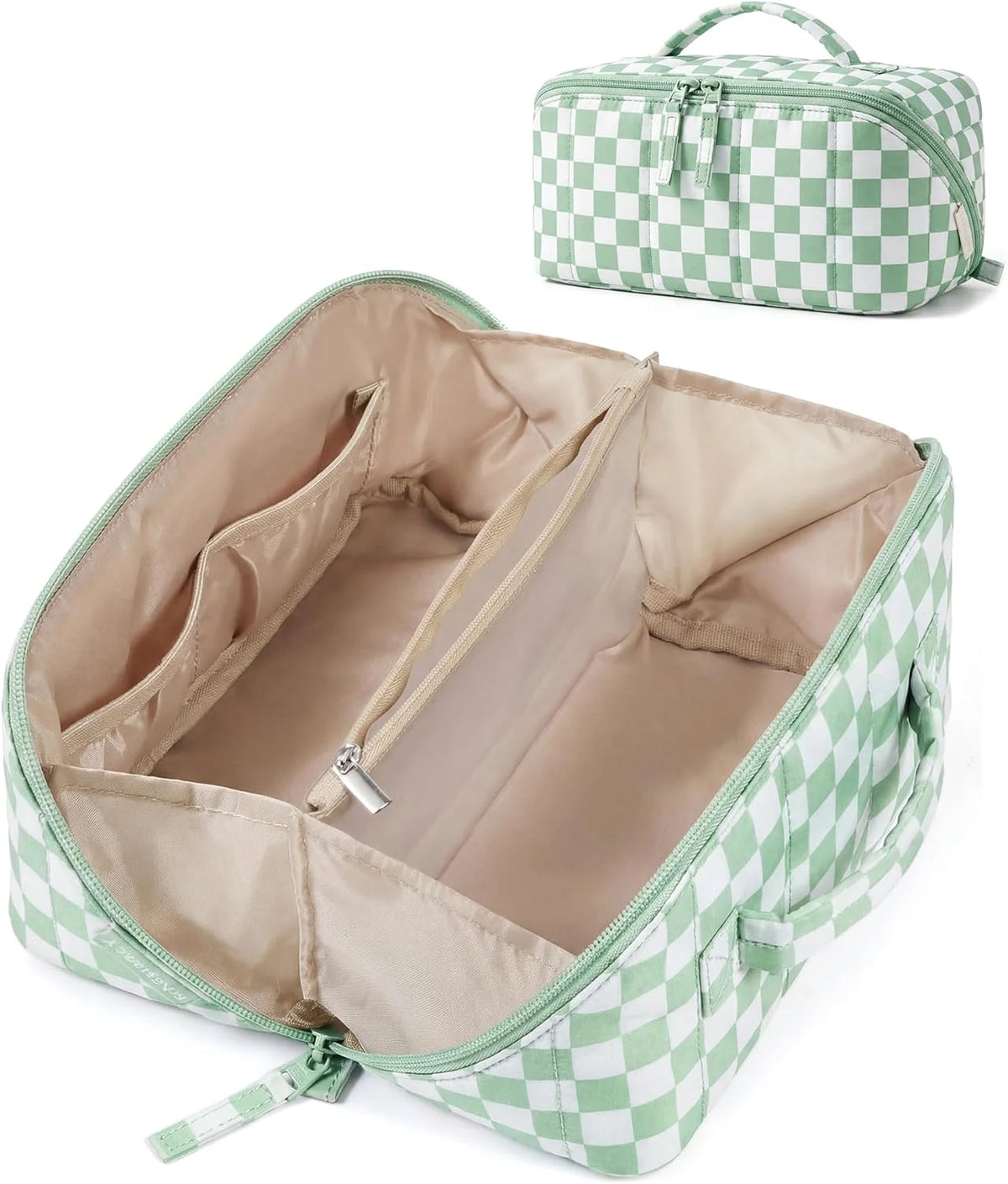 BAGSMART Puffy Travel Makeup Bag Toiletry Bag for Women, Checkred Green