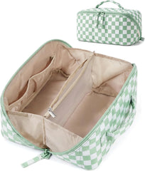BAGSMART Puffy Travel Makeup Bag Toiletry Bag for Women, Checkred Green