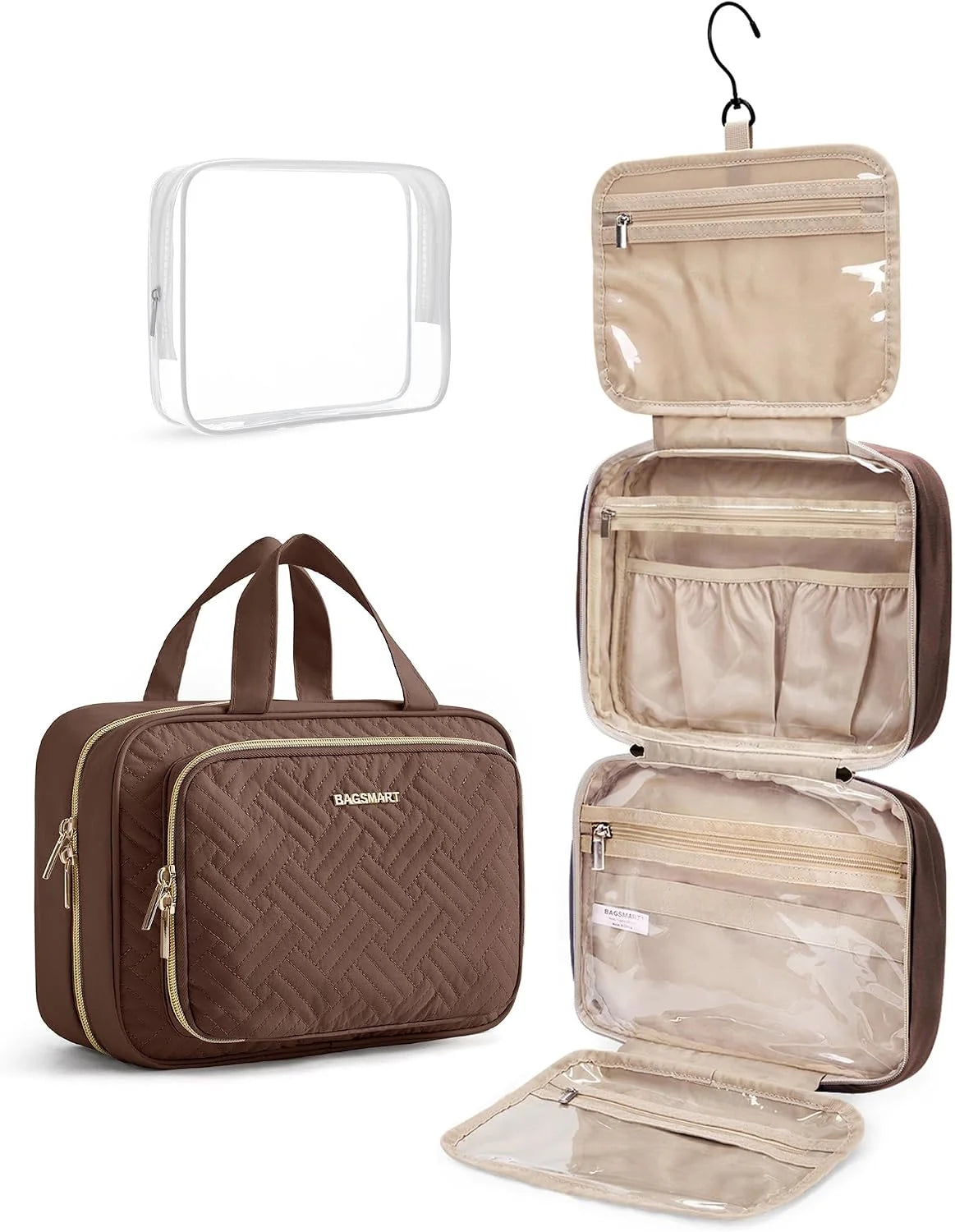 BAGSMART Toiletry Bag Hanging Travel Makeup Organizer with TSA Approved Transparent Cosmetic Bag Makeup Bag for Full Sized Toiletries（Coffee Brown）