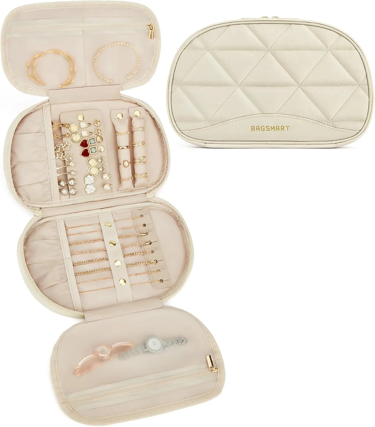 BAGSMART Travel Jewelry Case Jewelry Organizer Storage Roll Rings Necklaces Earrings Bracelets Brooches Watch Large Portable Beige