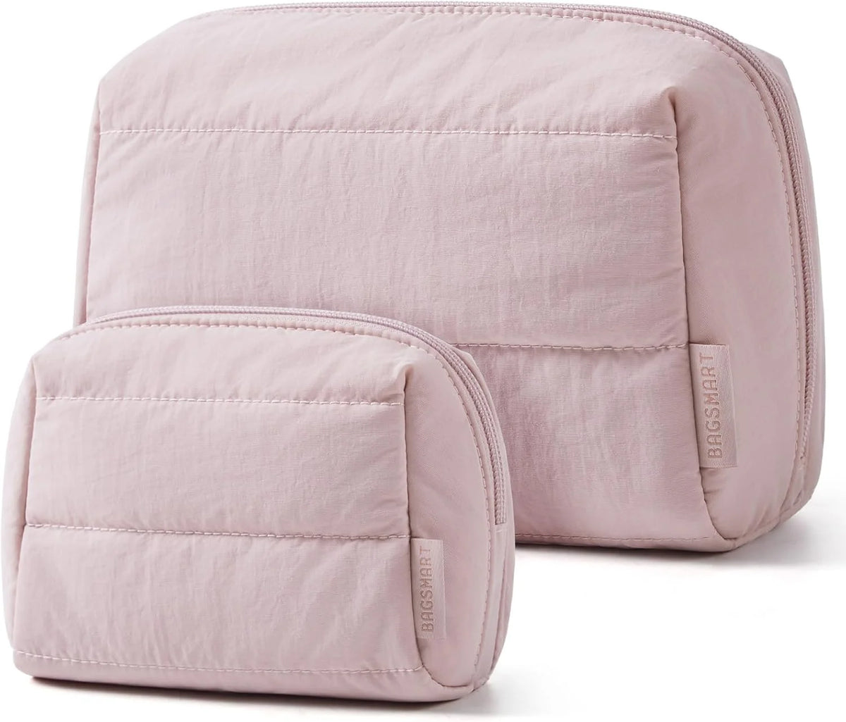 BAGSMART Puffy Padded Travel Makeup Bag Duo Large & Small for Women, Pink
