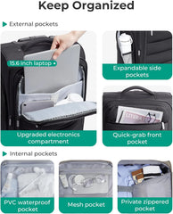 BAGSMART 20 Inch Soft Carry On Suitcase with Wheels, Black