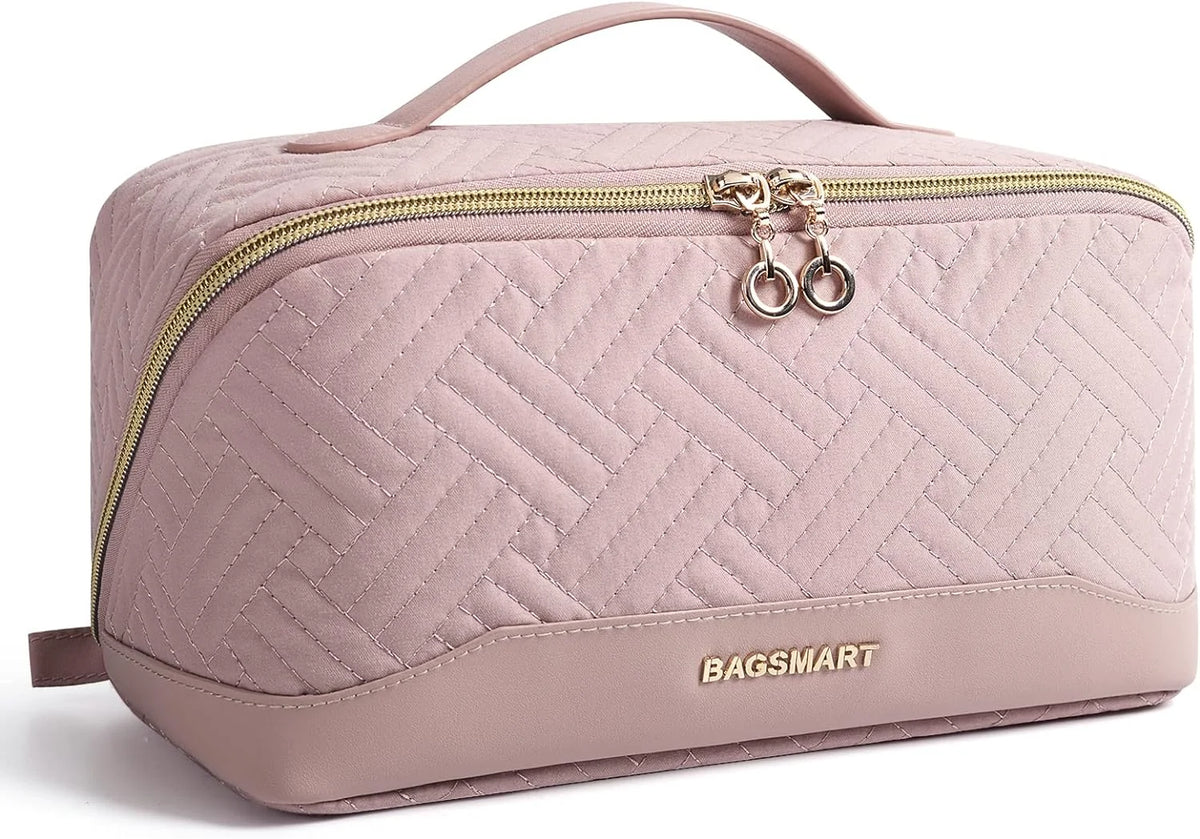 BAGSMART Makeup Bag Cosmetic Bag, Travel Makeup Bag,Water-resistent Makeup Bags for Women Portable Pouch Open Flat Make Up Organizer Bag for Toiletries, Brushes, Pink
