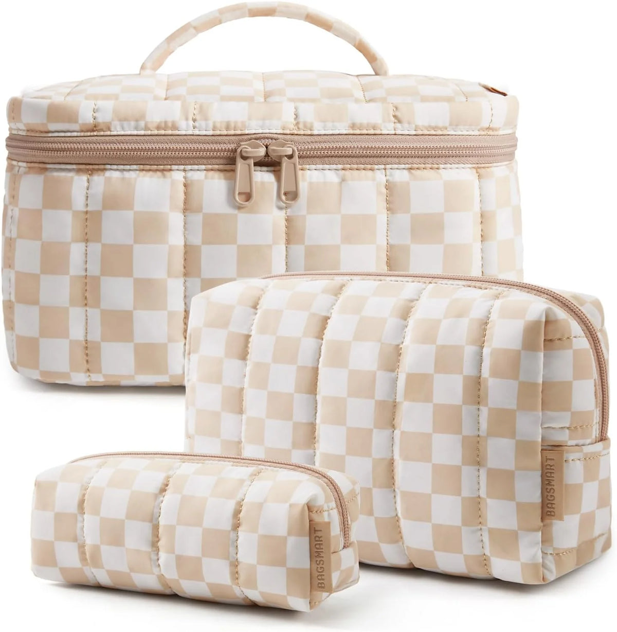 BAGSMART Travel Makeup Bag Set, Puffy Cosmetic Pouch, Checkered Khaki
