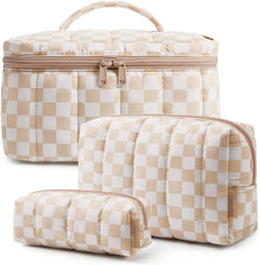 BAGSMART Travel Makeup Bag Set, Puffy Cosmetic Pouch, Checkered Khaki