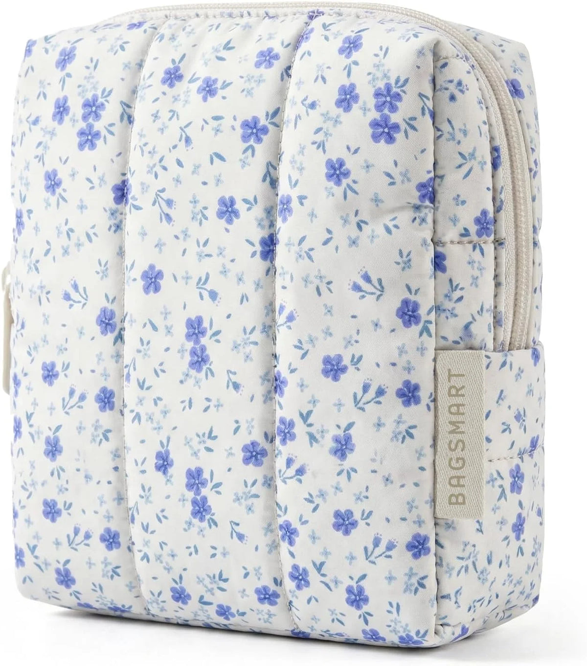 BAGSMART Small Travel Makeup Bag for Purse Toiletry Pouch, Puffy Padded Mini Cosmetics Bag, Cute Make Up Pouch for Women with Slip-in Pocket, Travel Essentials for Toiletries, Blue Ditsy Floral