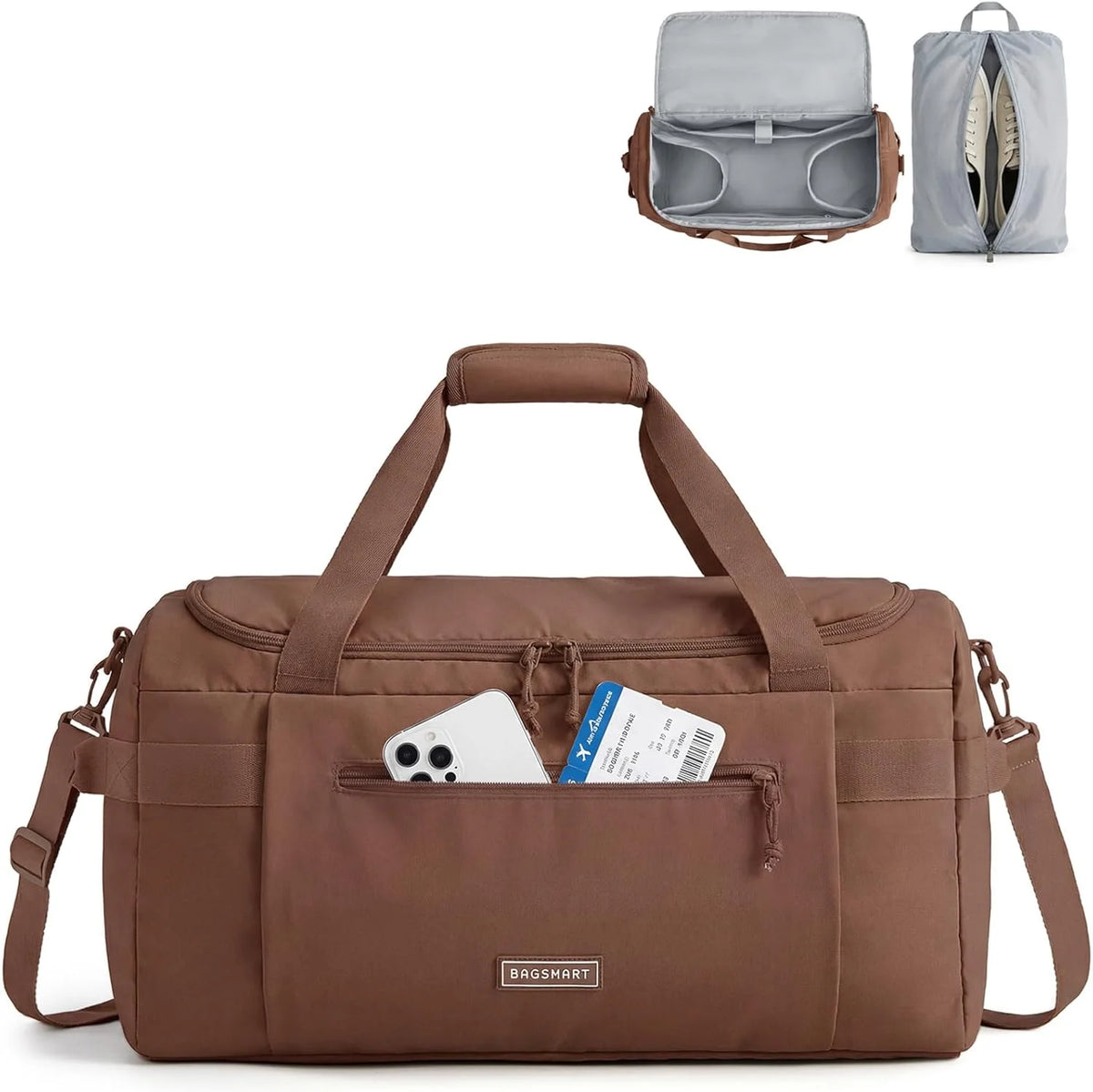 BAGSMART Travel Duffel Bags with Dividers, 32L Gym Duffle Bag with Laptop Compartment, Carry On Weekender Overnight Bag, Shoe Bag, PVC Wet Pocket, Dark Brown