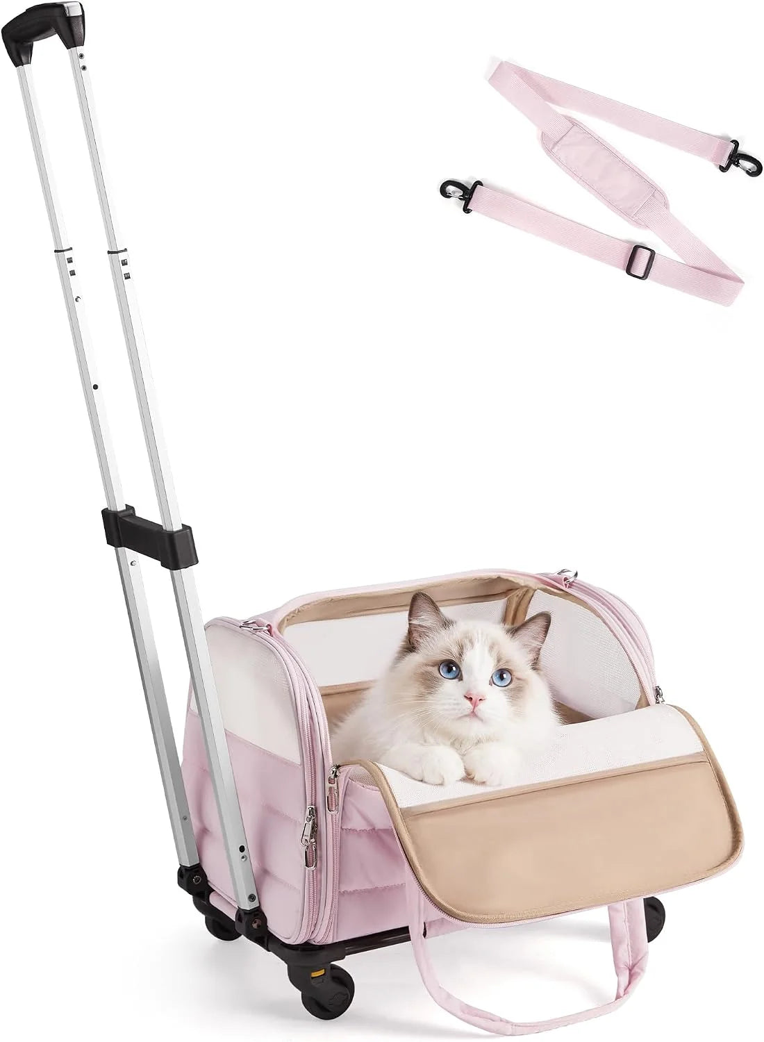 BAGSMART Rolling Cat Carrier with Wheels, Soft-Sided Pet Travel Bag, Pink