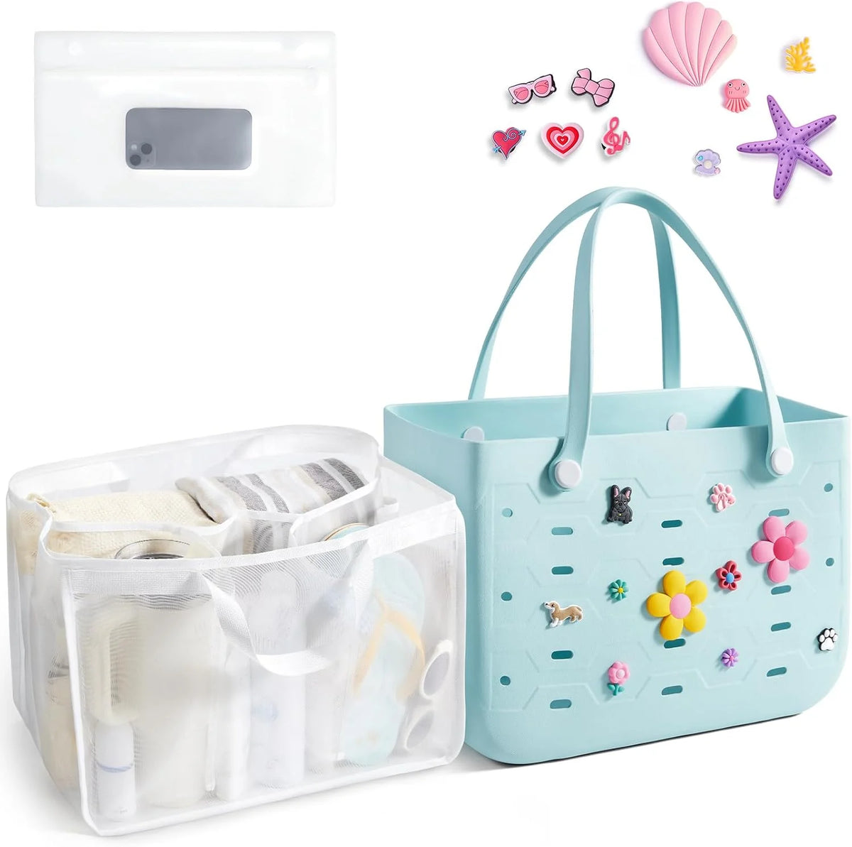 BAGSMART Beach Bag for Women, Water-resistant Rubber Tote Bag, Sandproof Vacation Essentials for Summer Swim Cruise Pool
