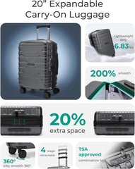 BAGSMART Carry-On Luggage 20" Expandable Spinner 22x14x9,Gray
