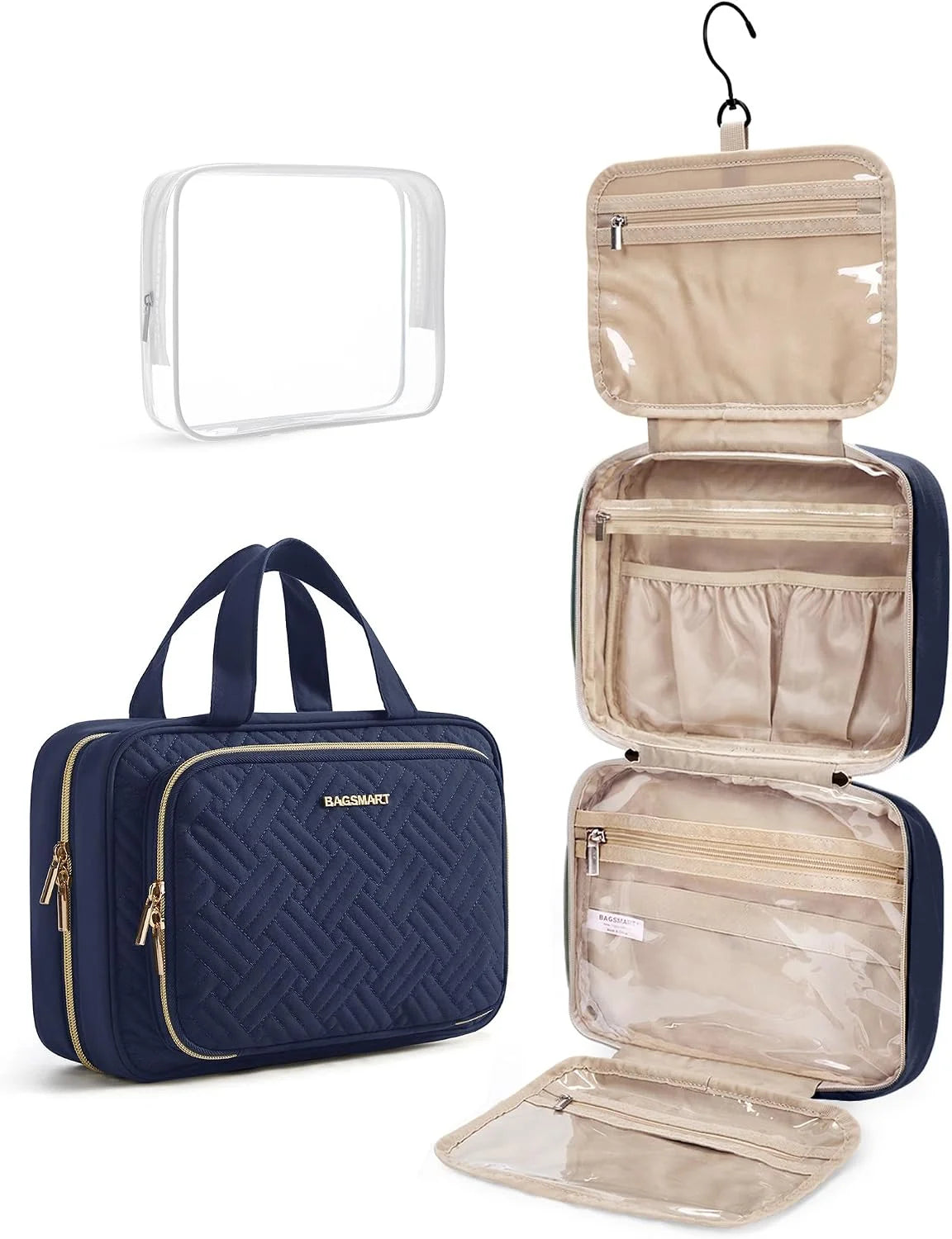 BAGSMART Toiletry Bag Hanging Travel Makeup Organizer with TSA Approved Transparent Cosmetic Bag Makeup Bag for Full Sized Toiletries, Large-Navy